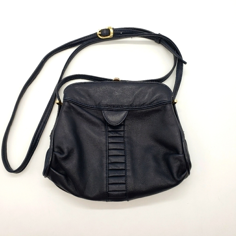 VINTAGE women dark navy blue bag crossbody soft leather 3 compartments lined - Picture 1 of 14